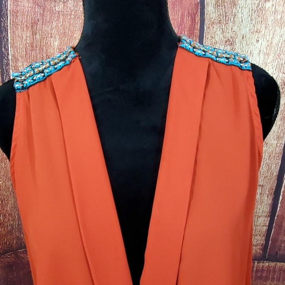 Zouk: Orange and Turquoise Sleeveless Blouse - Picture 2 of 5